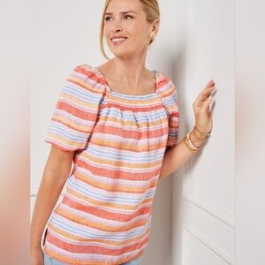 Talbots Linen Palm Striped, Square Neck Top in Tiger Lily